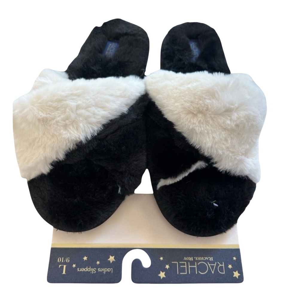 Rachel Roy open toe Crisscross Black White Cozy faux fur Slippers Large 9/10 NWT